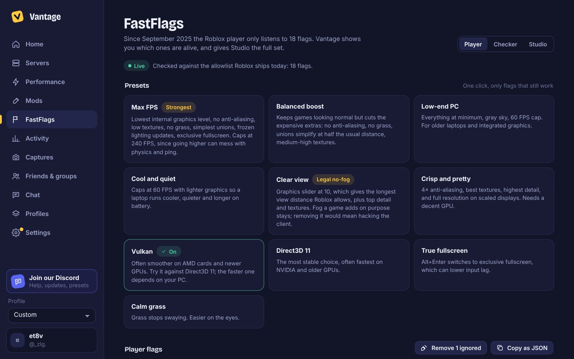 The Vantage FastFlags page