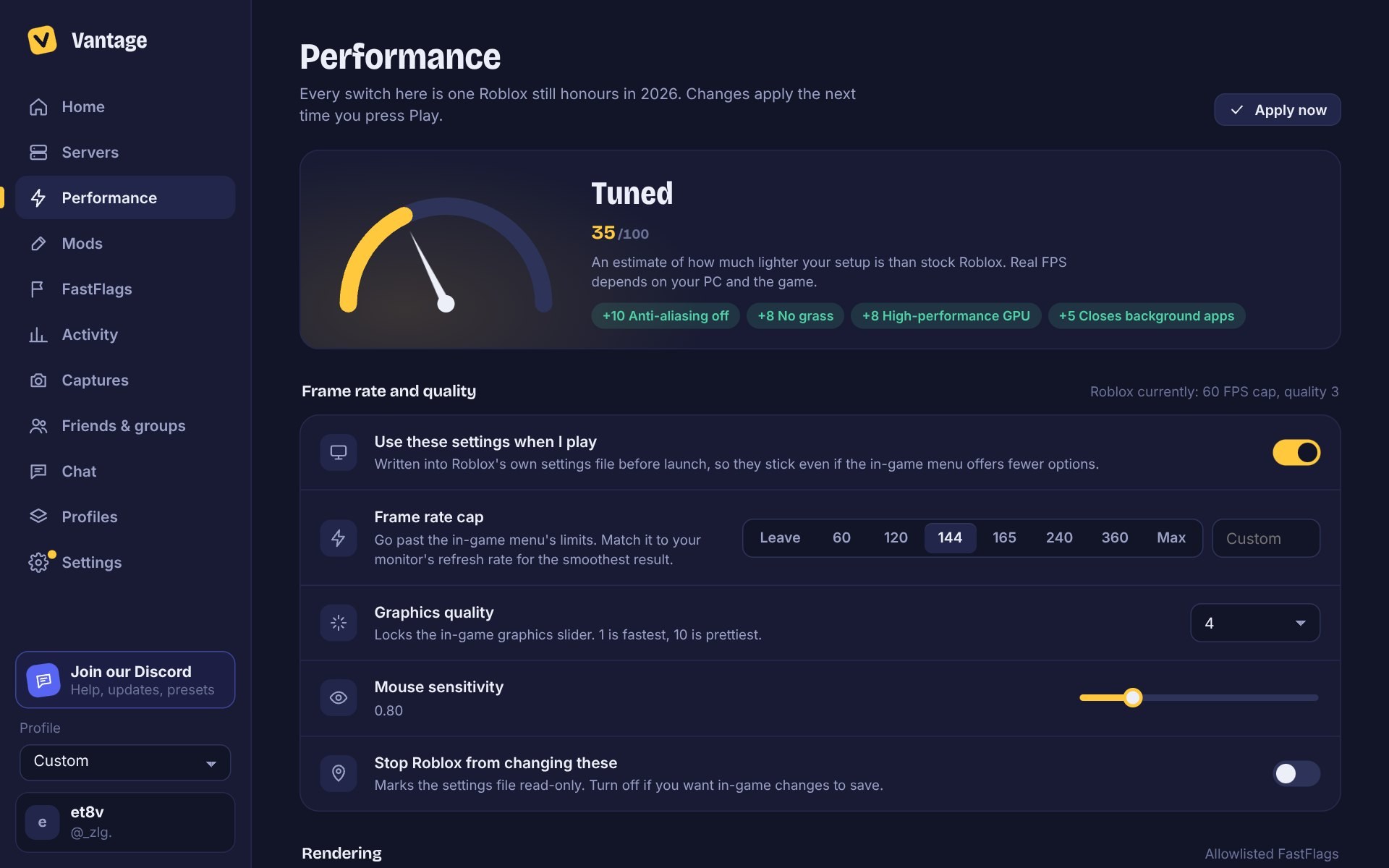 The Vantage Performance page